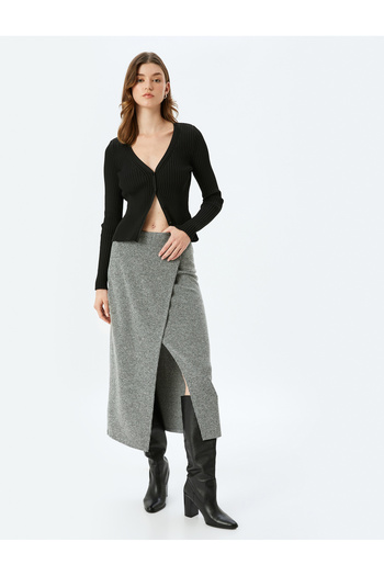 Koton Midi Size Asymmetrical Double Breasted Skirt with Ribbed Slits