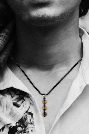 TAŞ SEPETİ Real Tiger Eye Natural Stone Minimal Tria Model Cotton Drawstring Men's Necklace
