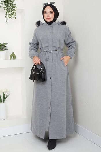 hafsamina Large Size Gray Stamp Coat - Furry Hood and Lace-Up Hm2584