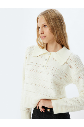 Koton Openwork Buttoned Shirt Collar Long Sleeve Sweater