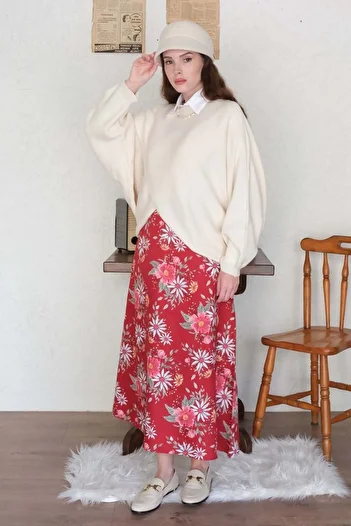 Ceylan Otantik Red Floral Cotton Satin Flared Skirt