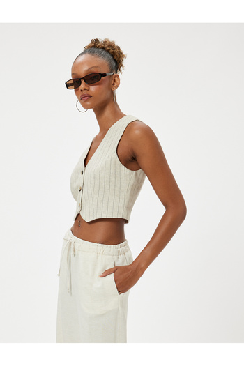 Koton Linen Blended Crop Vest - Sleeveless V-Neck and Buttoned Slim Fit