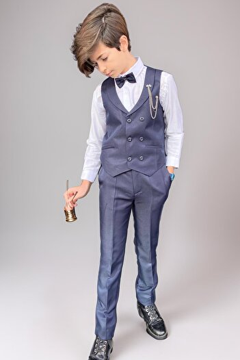 Riccotarz Boy's Pocket Vest Shawl Collar Navy Blue Suit Age 5-9