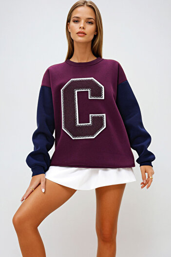 VAGGON Claret Red Color Blocked Letter Detailed Women's Sweatshirt - Crew Neck, 2 Thread Prm1281