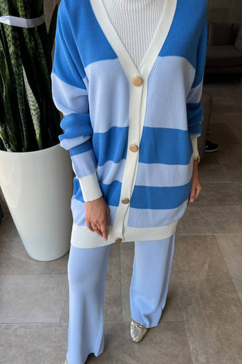 Bold Grup Women's Blue Striped Standard Size Knitwear Cardigan Blouse Trousers Three-Piece Suit with Underwear