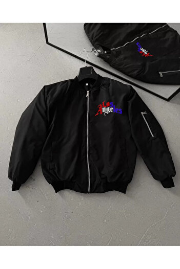 LUMİART Full Zippered Long Sleeve Printed Bomber Jacket - Black