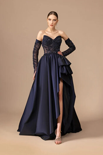 Kenzel Embroidered Detailed Strapless Long Dress with Sheer Sleeves-7010