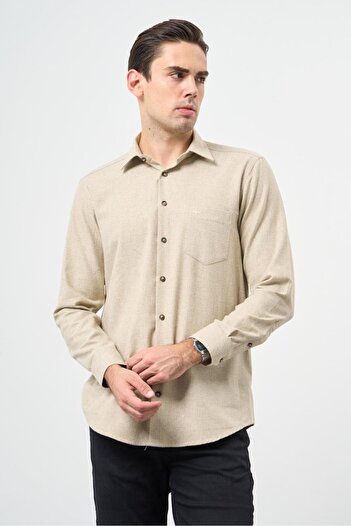 İmza Açık Bej Uzun Kol Düz Gabardin Sert Yaka Cepli Pamuklu Classic Comfort Fit Gömlek 1004245168
