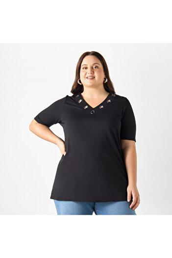 Ulla Popken Plus Size Ulla Popken Metal Accent V-neck Top with Short Sleeves