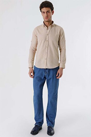 İmza Bej Kısalabilir Kollu Desenli JakarlıCepsiz %100 Pamuk Casual Slim Fit Gömlek 1004230181
