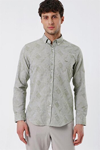 İmza Dark Khaki Shorten Sleeve Patterned Jacquard No Pocket 100% Cotton Casual Slim Fit Shirt 1004230182