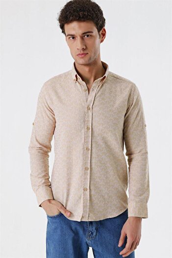İmza Bej Kısalabilir Kollu Desenli JakarlıCepsiz %100 Pamuk Casual Slim Fit Gömlek 1004230181