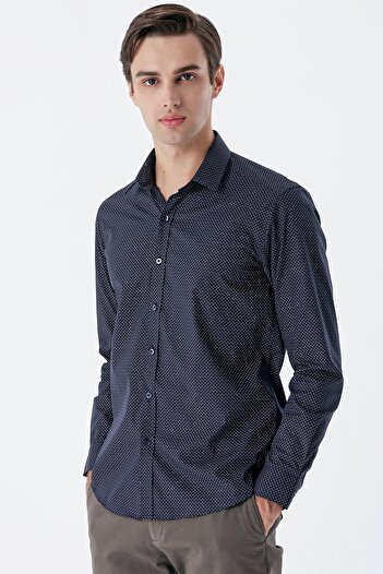 İmza Lacivert Uzun Kollu Baskılı Sert Yaka Cepsiz Pamuklu Klasik Slim Fit Dar Kesim Gömlek 1004235146