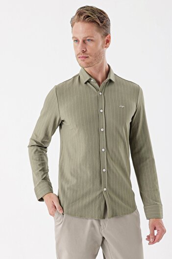 İmza Темно-зелена довга рукава смугаста в'язана без кишень Casual Slim Fit вузький крій сорочка 1004235114