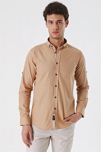 İmza Camel Kısalabilir Kollu Cepsiz Biyeli %100 Pamuk Casual Slim Fit Dar Kesim Gömlek 1004230179