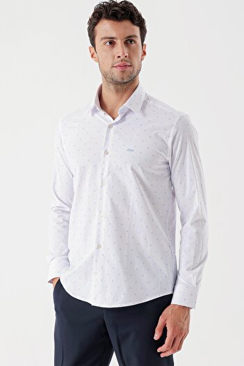 İmza Beyaz Uzun Kollu Baskılı Bez Ayağı Sert Yaka Cepsiz Garnili Klasik Slim Fit Gömlek 1004235106