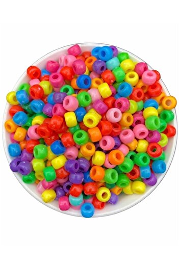 Artdeco Geniş Delikli Karışık Renkli Plastik Boncuk,9x6mm Yassı Silindir Model Takı Boncuğu (25gr,~60 Adet)