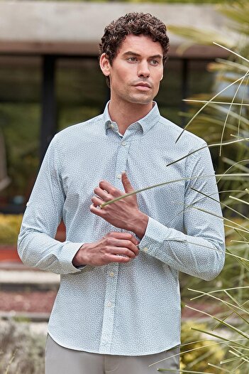 İmza Dark Khaki Short Sleeve Printed Pocketless 97% Cotton 3% Elastane Classic Slim Fit Shirt 1004240116