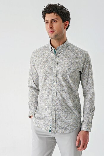 İmza White Long Sleeve Printed Button Collar Pocketless Ribbed Cotton Lycra Slim Fit Shirt1004240141