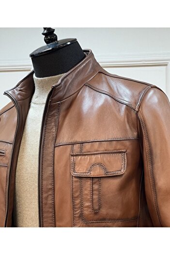 SAVARA Men's Tan Color Genuine Leather Coat Stand Collar Regular Fit