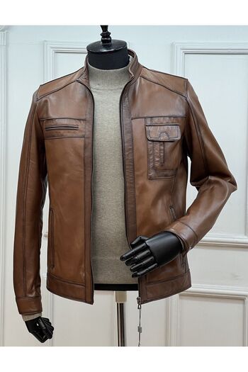 SAVARA Men's Tan Color Genuine Leather Coat Stand Collar Regular Fit