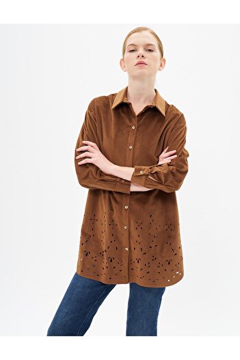 Kayra Camel Laser Cut Velvet Tunic