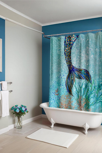 EVPANYA Banyo Perdesi, Lacivert Altın Pullu Deniz Kızı Kuyruğu Desenli Duş Perdesi, Küvet Perdesi 175x200cm