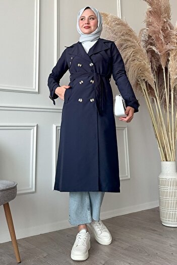 InStyle Λεπτομέρεια αλυσίδας στην πλάτη Navy Blue Trench Coat