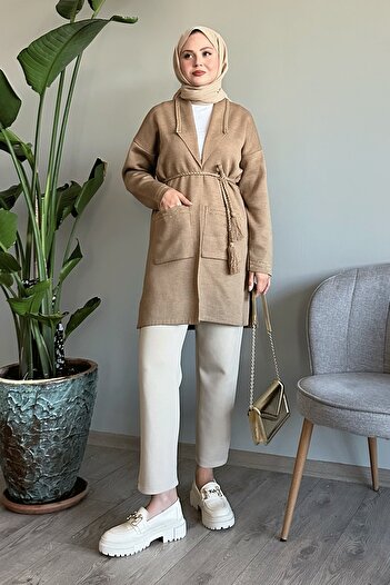 InStyle Πλεκτό μπουφάν Camel με λεπτομέρεια από πλεκτό και γκλίτερ