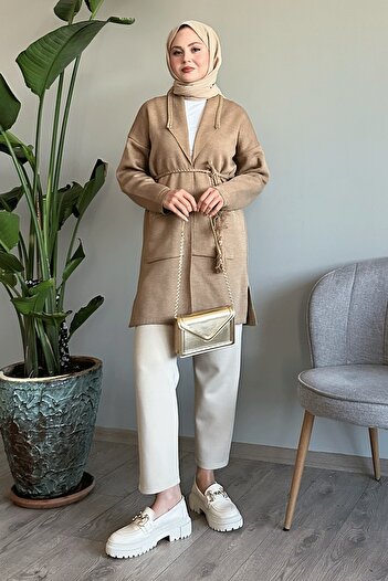InStyle Πλεκτό μπουφάν Camel με λεπτομέρεια από πλεκτό και γκλίτερ