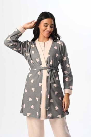 Marilyn Club Long Sleeve Women's Pajamas Set with Heart and Dressing Gown Set of 3