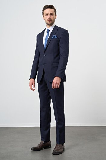 İmza Navy Blue Dobby Mono Collar Full Lining Flexible 6 Drop Slim Fit Classic Suit 1001245175