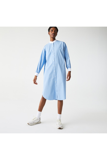 Lacoste L!ve Kadın Uzun Kollu Gömlek Yaka Çizgili Mavi - Beyaz Elbise