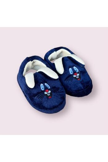 İpek Silk Children's Navy Blue Rabbit Non-Slip Base Plush Fluffy Slippers