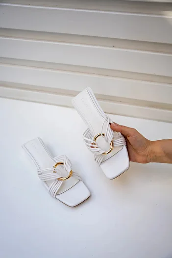 LAMİNTA 4cm Special Heeled Rosso White Women's Slippers - Ring Detail