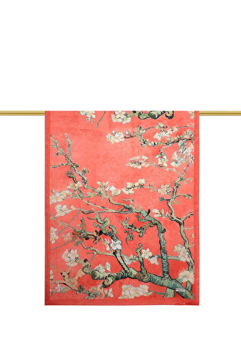 Bursa İpek Coral Almond Flower Pattern Voile Silk Shawl