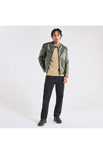 FAV Solid Biker Jacket With Long Sleeves And Pockets