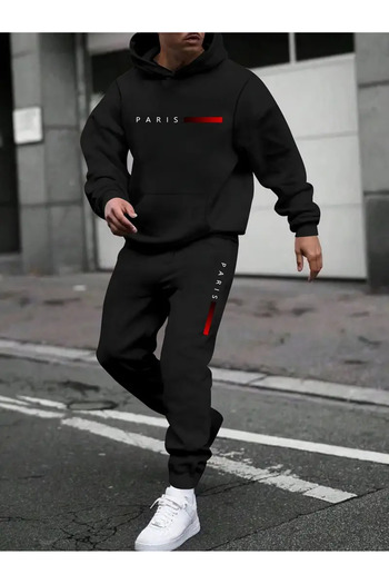 zunop Ανδρικό σετ φόρμας μαύρου Paris με στάμπα oversize