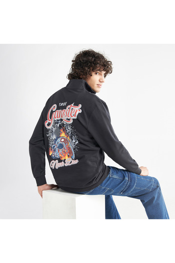 FAV Graphic Print High Neck Sweatshirt with Long Sleeves and Zip Closure