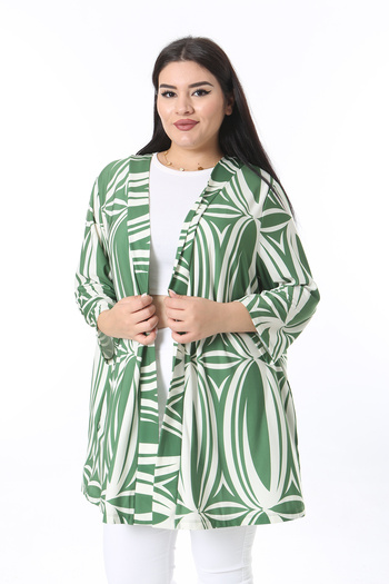 Şans Women's Large Size Green Capri Sleeve Lycra Cardigan with Side Pockets 65N38467