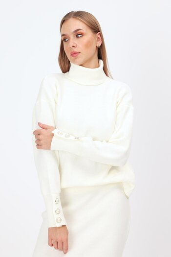 ihraç pazarı Thick Turtleneck Sleeve Button Detail Sweater and Slit-Free Rubber Waist Skirt Knitwear Set