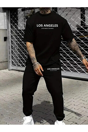 Pink Sky Los Angeles Downtown Printed T-Shirt - Jogger T-Shirt Crew Neck Bottom Top Tracksuit Set