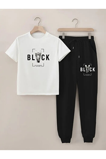 HOFFNUNG Black Printed T-Shirt - Jogger T-Shirt Crew Neck Bottom Top Tracksuit Set