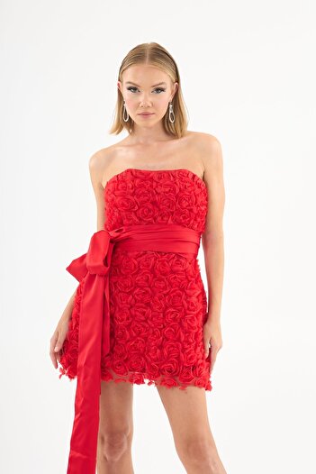 Carmen Red Satin Belted Rose Tulle Evening Dress
