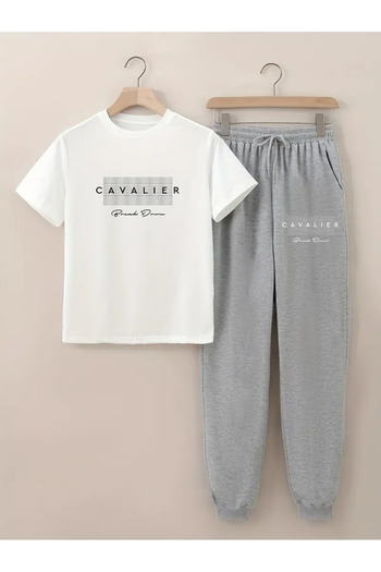 Frisson Cavalier Printed T-Shirt - Jogger T-Shirt Crew Neck Bottom Top Tracksuit Set
