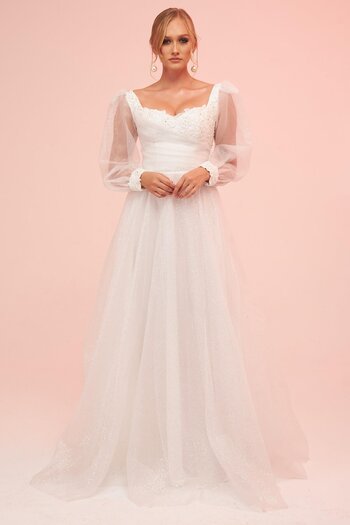 Carmen Ecru Front Embroidered Glitter Tulle Evening Dress