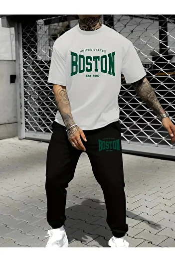 Pink Sky Boston Printed T-Shirt - Jogger T-Shirt Crew Neck Bottom Top Tracksuit Set