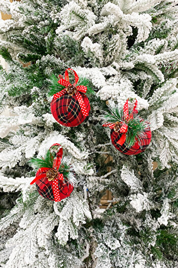 Yusuf Dirik YD Party Supplies New Year's Tree Ball Luxury Plaid Fabric with Pinecone and Coconut Detail 3 Pieces 10 cm