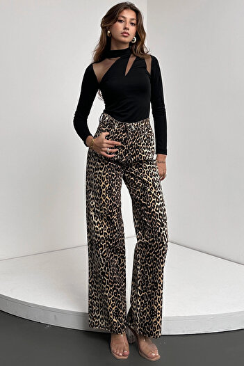 bacc Women's Black High Waist Leopard Print Flared Trousers Bcdf- 241106