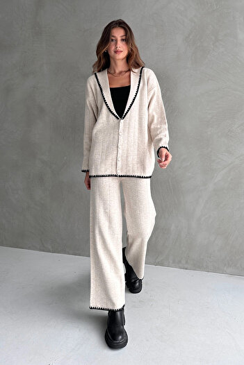 bacc Ecru Women's Knitwear Set - 2-Piece Winter Set with Shawl Collar and Ribbed Detail Bc24A500